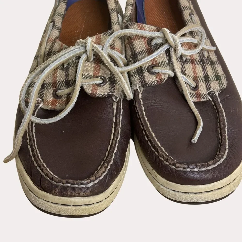 Sperry Top Sider Mens Loafers Boat Shoes Leather Plaid Brown 8 M
